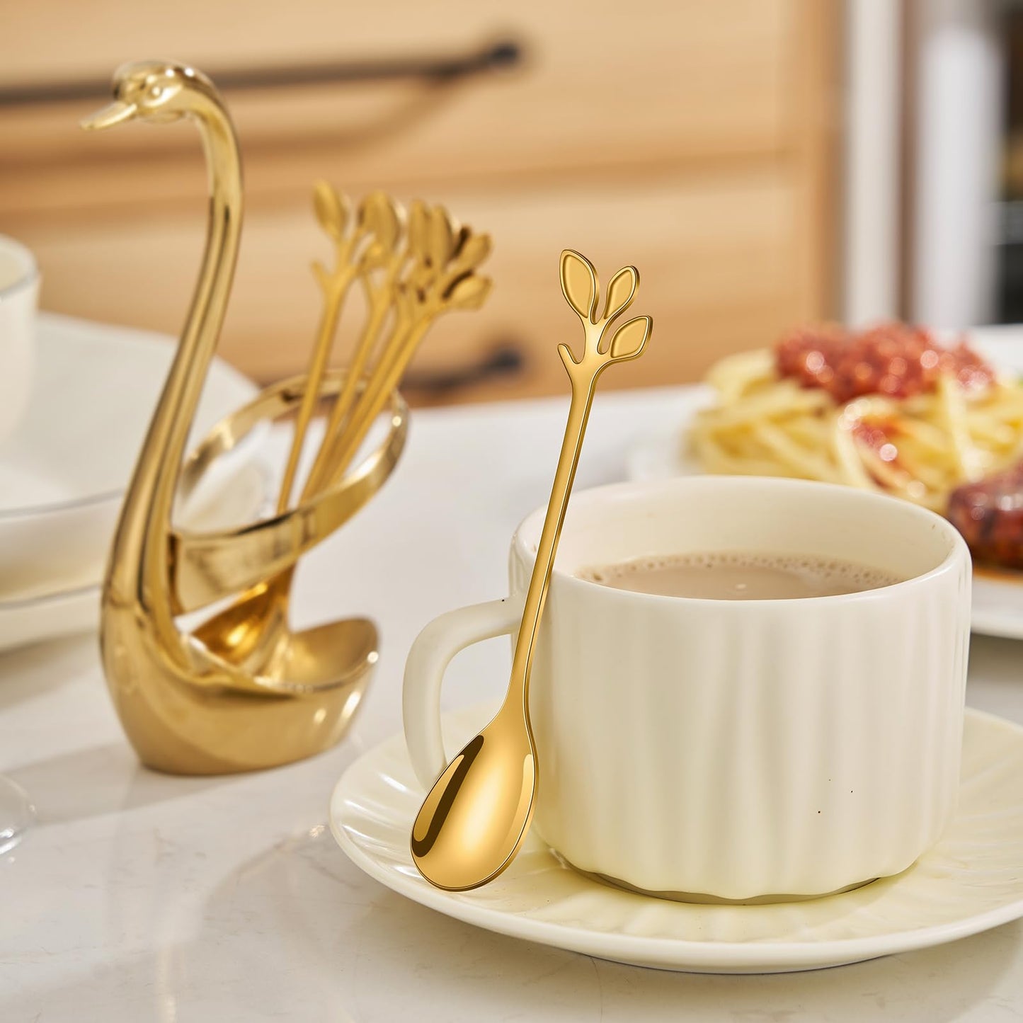 AnSaw Elegant Gold Leaf Coffee Spoons - 10-Piece, 4.7" Mini Stainless Steel Espresso & Dessert Tea Spoons, Perfect for Demitasse & Small Servings