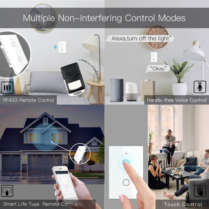 MOES Touch Wall Single Live Wire Smart Switch，No Neutral Wire Needed, 2.4GHz WiFi RF433 Light Switch Works with Smart Life/Tuya App, Alexa and Google Home, Single Pole 110V, White 1 Gang