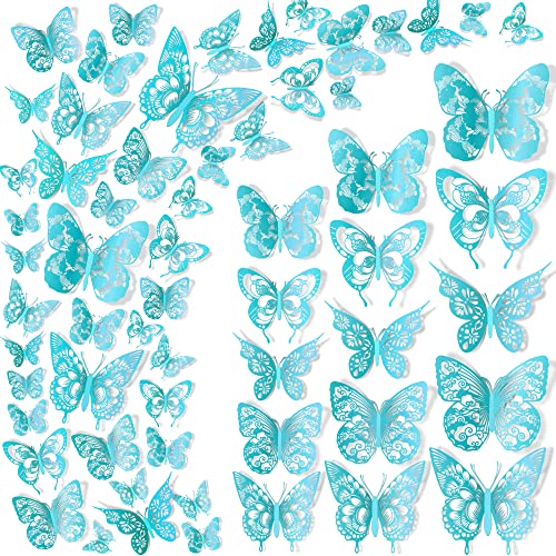 60 Pieces New Vintage Pattern Hollow Butterflys Wall Decals 3D Teal Butterflies Wall Sticker DIY Removable 5 Styles 3 Sizes Metallic Art Decor for Kids Girls Bedroom Living Room Birthday Cake Office