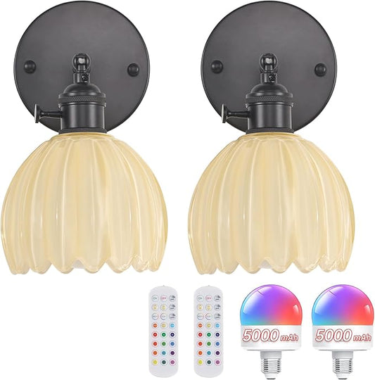 Vintage 5000 mAh Battery Operated Wall Sconce with Pastel Yellow Tulip Glass Lampshade Rechargeable Battery Powered Wall Light with Remote Control for Bedroom Doorway, Set of 2