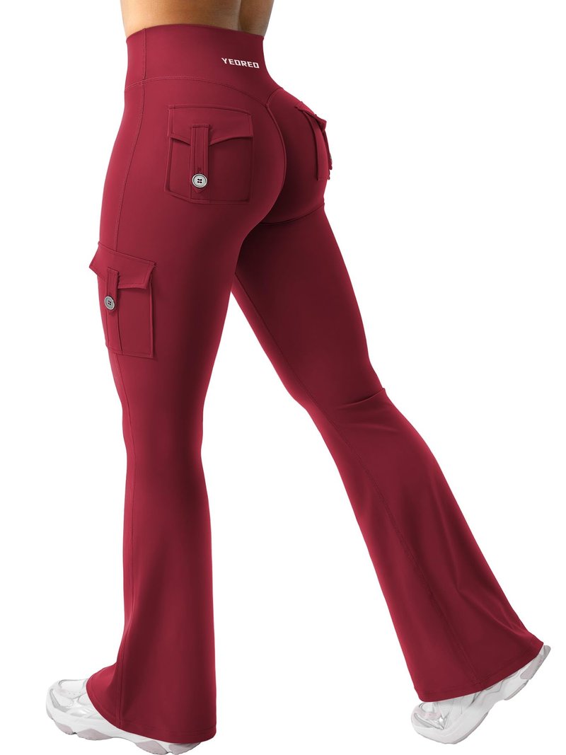 YEOREO CoreFlex Women Workout Flare Leggings with Pockets Hidden Scrunch High Waisted Cargo Gym Yoga Leggings Wine S