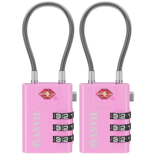 ANVIL TSA Approved Cable Luggage Locks 3 Digit Combination Padlock with Zinc Alloy Steel Cable Lock Ideal for Travel Suitcase, Backpack, Lockers,Case,Toolbox (2, Pink)