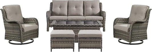 Rilyson Wicker Patio Furniture Set - 6 Piece Rattan Outdoor Sectional Conversation Sets with 2 Swivel Rocking Chairs,2 Ottomans,1 Sofa and 1 Coffee Table for Porch Deck Garden(Mixed Grey/Grey)