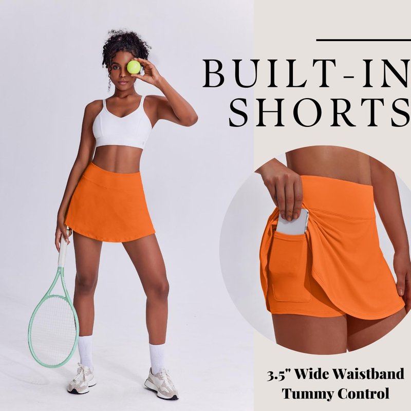 PINSPARK Skorts for Woman High Waisted Tennis Skirt Lightweight Golf Skort Mini Athletic Skirts with Shorts Flowy Skorts for Women with Pockets, Orange XX-Large