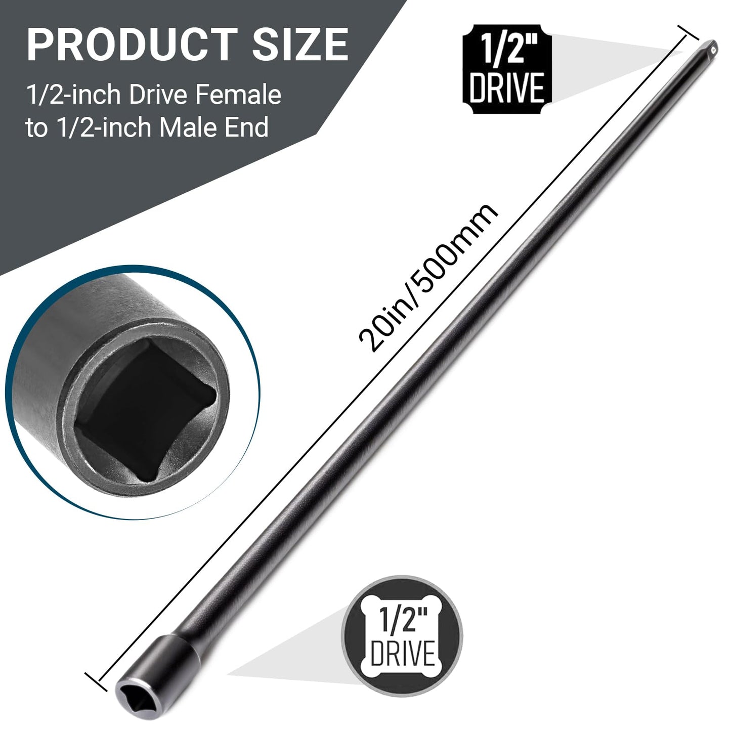 1/2 Inch Drive Extension,1/2" Impact Extension Bar,20" Long Socket Wrench Extender,Cr-V Steel