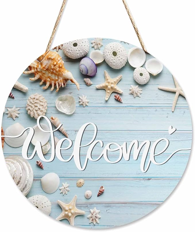 Welcome Porch Wood Sign Seashell Starfish on Blue Wooden Round Hanging Plaque Sign for Porch Yard, Housewarming Present, 12x12inch