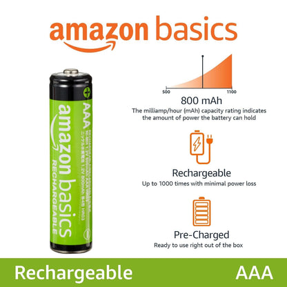 Amazon Basics 16-Pack Rechargeable AAA NiMH Performance Batteries, 800 mAh, 1.2V, Recharge up to 1000x Times, Pre-Charged