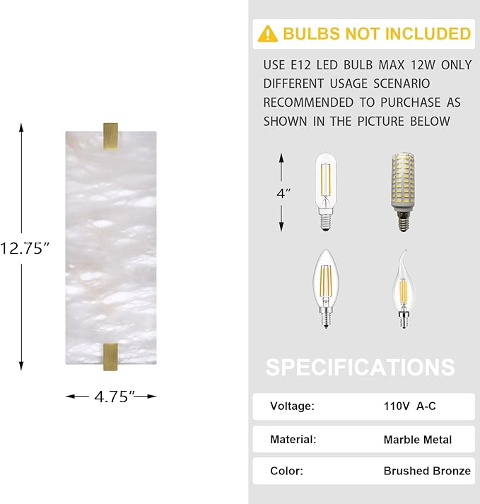 2 Pack 2 Light Square 12.75" Alabaster Marble Bathroom Wall Sconce Modern Concise Style Wall Light Fixture,Gold Finish for Bedroom Hallway Bedside