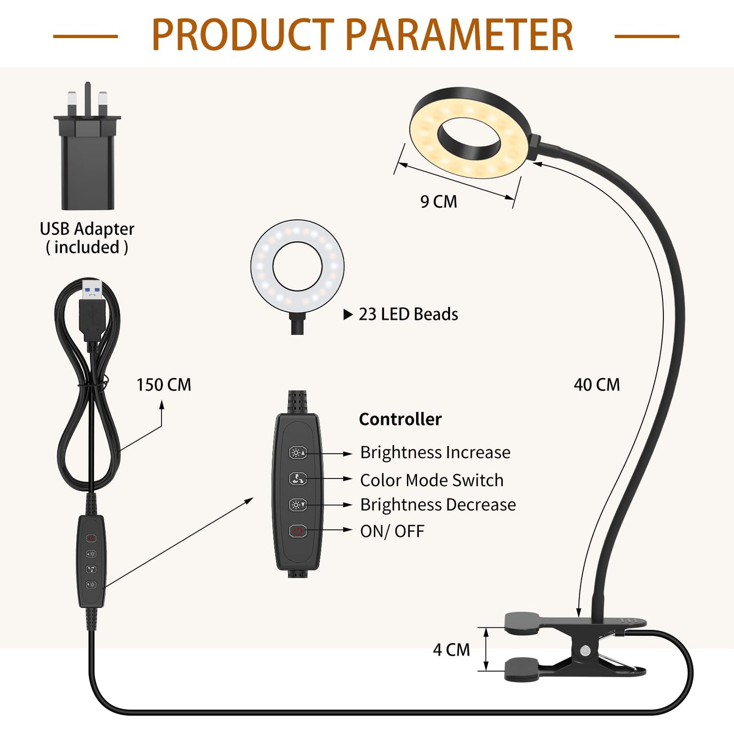 iZELL LED Desk Lamp with USB Adapter【3 Color Modes 10 Brightness】 Eye Caring Clip on Clamp Light, 40cm Flexible Gooseneck Book Ring Light for Gaming/Video Conference/Reading, Clip on Table, Headboard