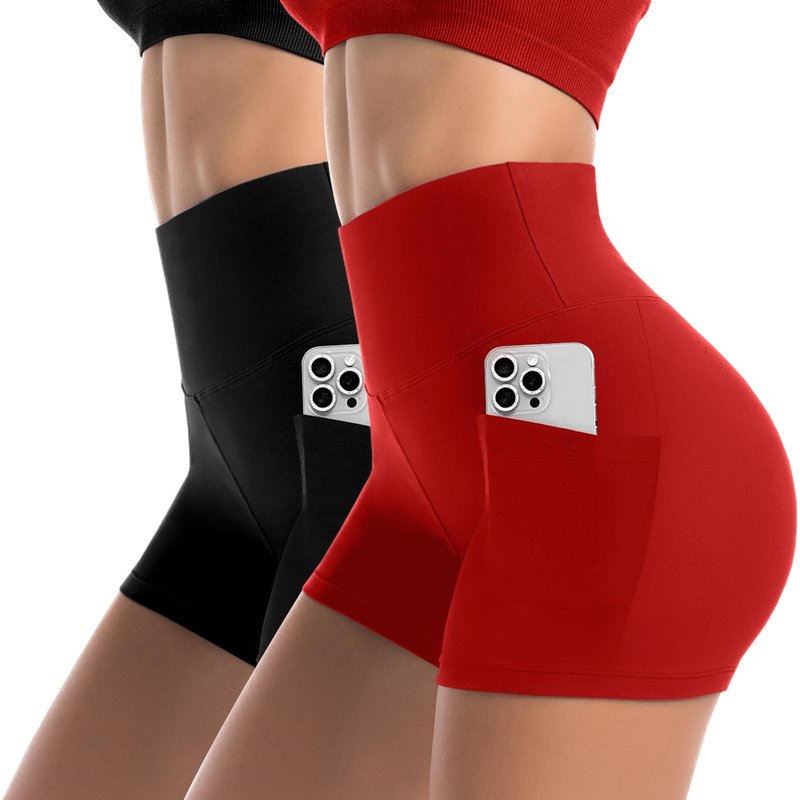 Leafigure 2 Pack Womens Biker Shorts with Pockets - 4" High Waisted Yoga Gym Running Workout Booty Shorts Black/Red L-XL