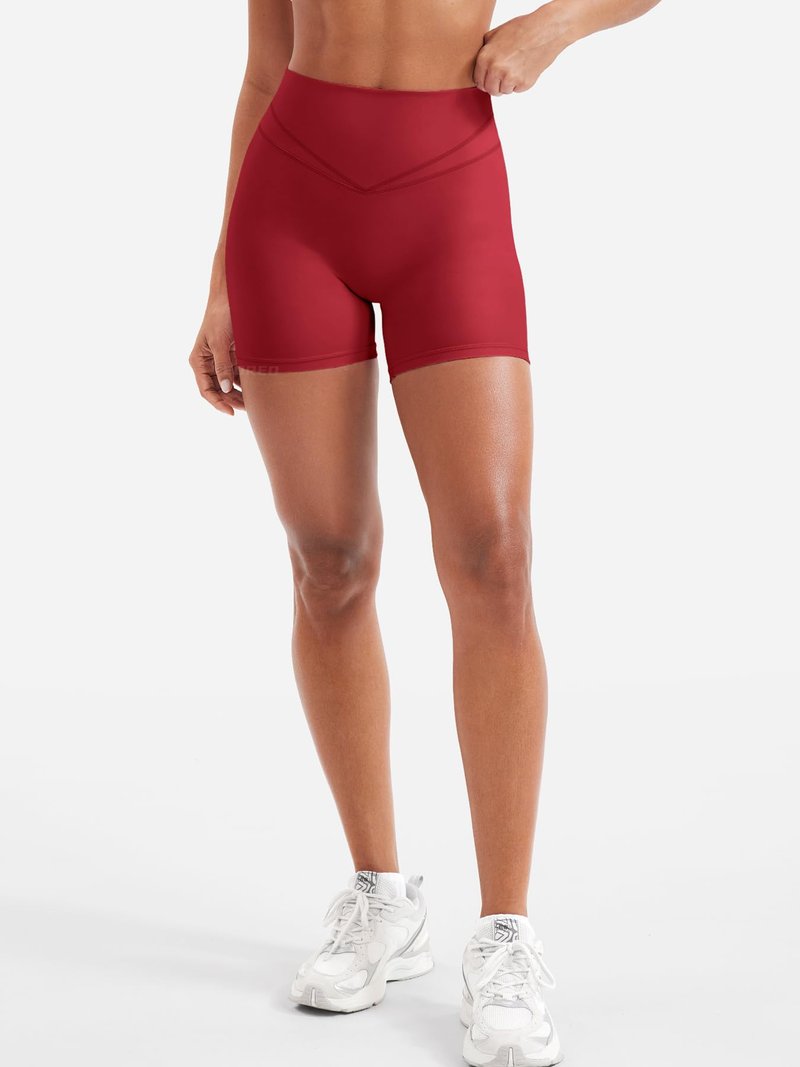 YEOREO Women Workout Yoga Shorts 4.5" No Front Seam Hidden Scrunch Almiy High Rise Buttery Biker Shorts Red S