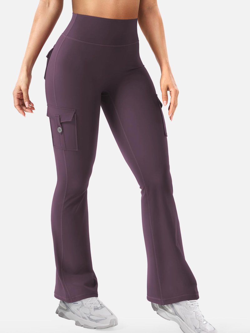 YEOREO CoreFlex Women Workout Flare Leggings with Pockets Scrunch Cargo Gym Yoga Leggings Black Berry Purple XL