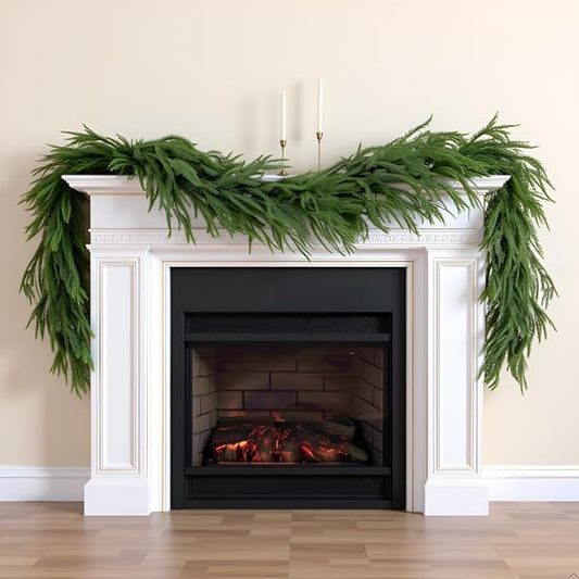 9 Ft Norfolk Pine Christmas Garland - Artificial Faux Pine Needles Real Touch Winter Garland - Indoor/Outdoor Holiday Greenery Garlands for Fireplace Mantle, Staircase, Window Decor