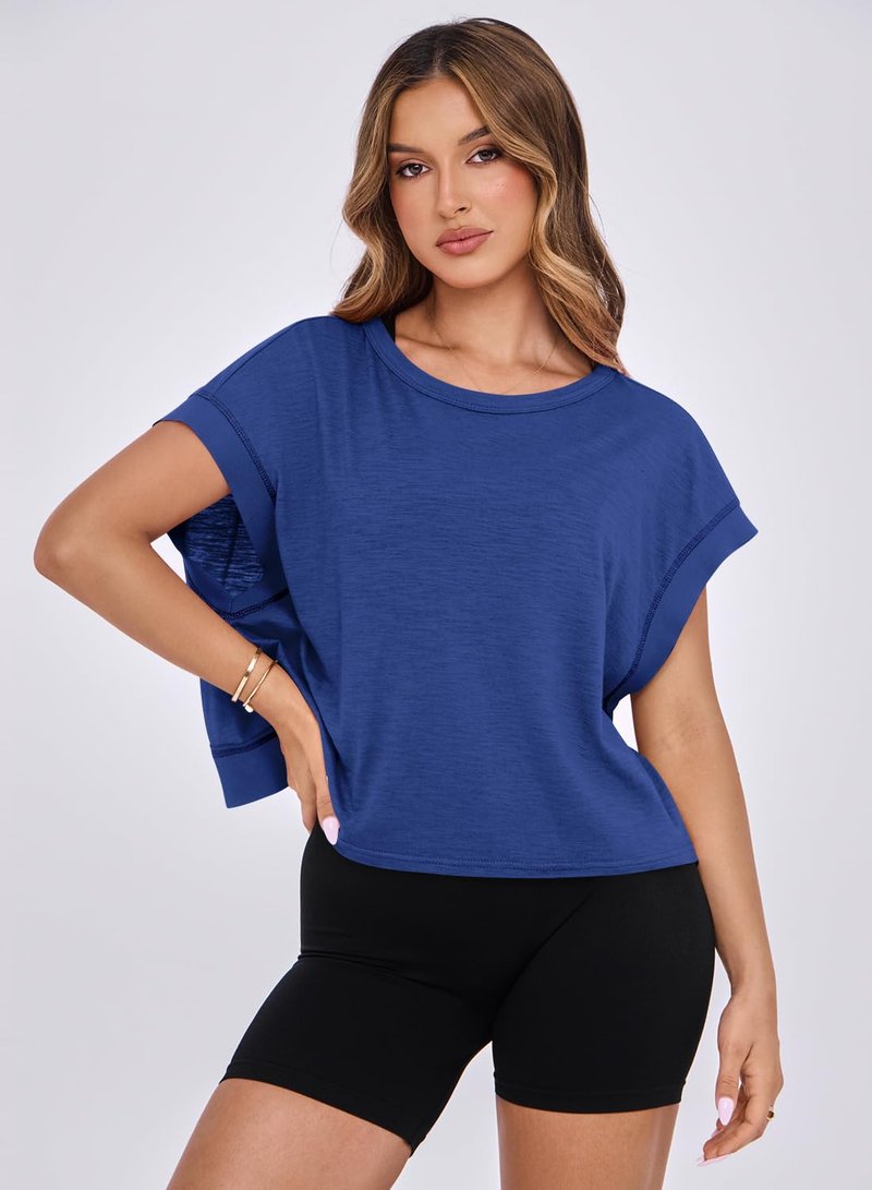 MIHOLL Open Back Tops for Women Short Sleeve Cropped Backless Yoga Shirts Gym Athletic Outfits (Royal Blue, Small)
