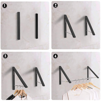 Anjuer Retractable Clothes Rack - Wall Mounted Folding Clothes Hanger Drying Rack for Laundry Room Closet Storage Organization, Aluminum, 2 Racks with Rod (Black)