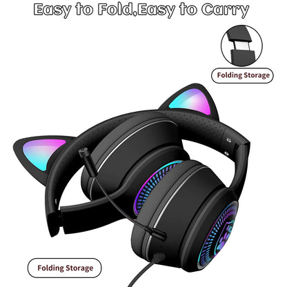 Cat Ear Gaming Headphones Wired AUX 3.5mm with LED Light, VIGROS Flashing Stereo Game Headphones Surround Sound Over-Ear Headsets with Microphone Fit Kids & Adult for PC, PS4, Switch, Mobile, Laptop