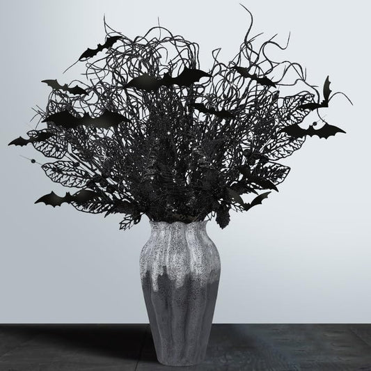 24 Pcs Artificial Halloween Branches Picks Ornaments with 12 Pcs Bats- Fake Black Berry & Flowers Stems Curly Willow Branches- Faux Glitter Black Floral Twig Stems Sticks for Halloween Xmas Home Decor
