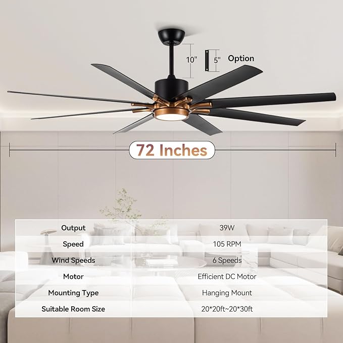 72 Inch Large Ceiling Fan with Light and Remote Control, 8 Blades Modern Ceiling Fan with Reversible DC Motor, Stepless Dimmable, Quiet for Indoor Use, Black and Gold