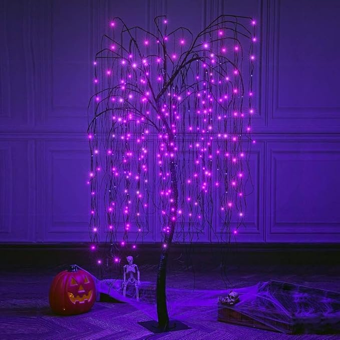 LIGHTSHARE 7 Feet Halloween Willow Tree with Spiders, 256 LED Lights for Home, Festival,Nativity, Party, and Christmas Decoration,Indoor Outdoor Use, Purple