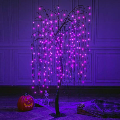 LIGHTSHARE 7 Feet Halloween Willow Tree with Spiders, 256 LED Lights for Home, Festival,Nativity, Party, and Christmas Decoration,Indoor Outdoor Use, Purple