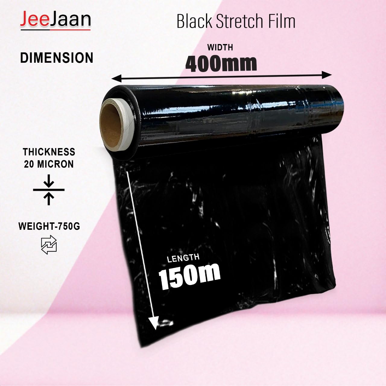 JeeJaan® 2 Rolls Black Pallet Wrap 400mm x 250m, Non-Extended, 20mu - Strong Stretch Shrink Cling Film - Ideal for Wrapping - Warehouse, Moving House & Furniture