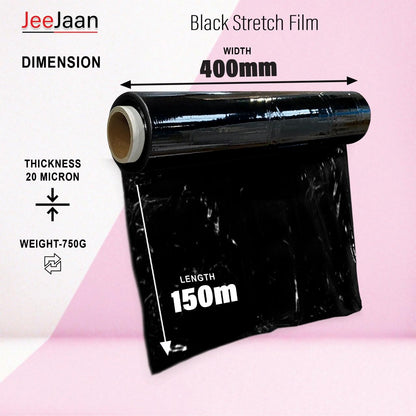 JeeJaan® 2 Rolls Black Pallet Wrap 400mm x 250m, Non-Extended, 20mu - Strong Stretch Shrink Cling Film - Ideal for Wrapping - Warehouse, Moving House & Furniture