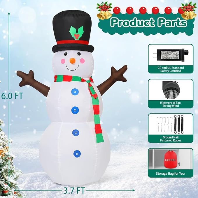 GOOSH 6 FT Inflatable Outdoor Snowman Holiday Decoration Blow Up Snowman with Branch Hand for Yard, Garden, Indoor & Outdoor Parties
