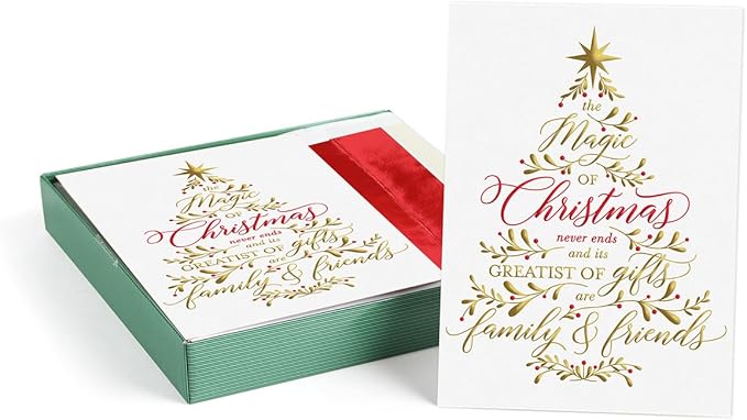 Masterpiece Believe In The Magic Of Christmas Cards / 15 Boxed Holiday Card Set With Shiny Foil Accents And Coordinating Red Foil Lined Envelopes / 5 5/8" x 7 7/8" Folded Winter Christmas Tree Family