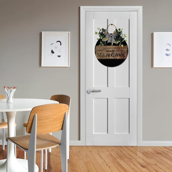 Welcome To The Mancave Front Door Sign Funny Wreaths Hanging Wooden Plaque Decoration Round Rustic Wood Farmhouse Porch Decor for Home Front Door Decor, 12 x 12 Inch