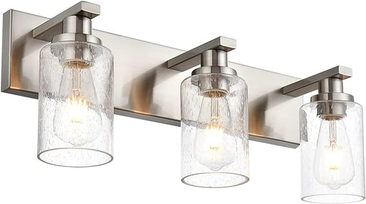 Brushed Nickel Bathroom Vanity Light Over Mirror, 3-Lights Metal Wall Lighting Fixtures with Seeded Glass Shades