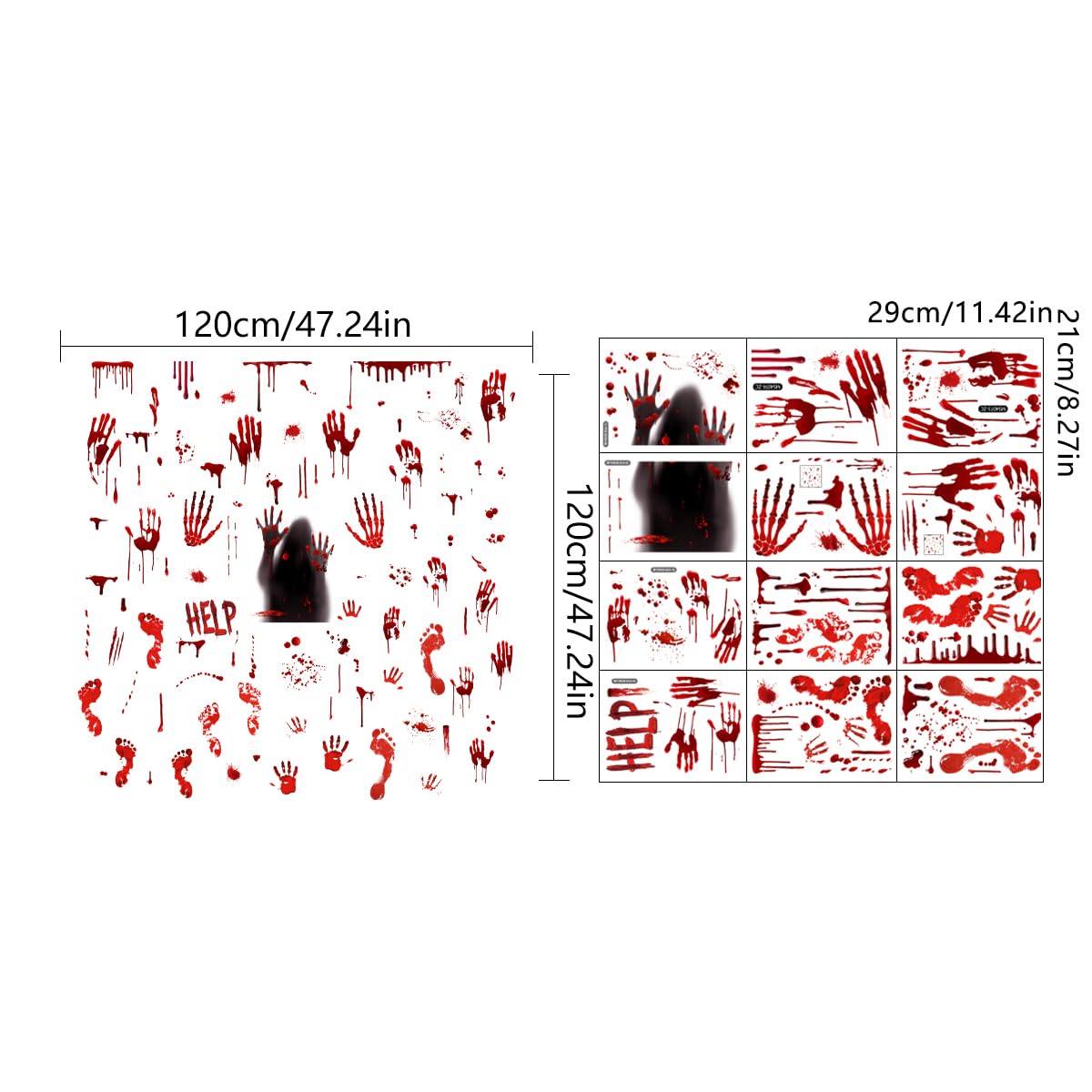 Halloween Bloody Handprint Footprint Window Stickers Wall Stickers for Halloween Party Decorations Inside Outside Decor Come with Plastic Scraper Tools