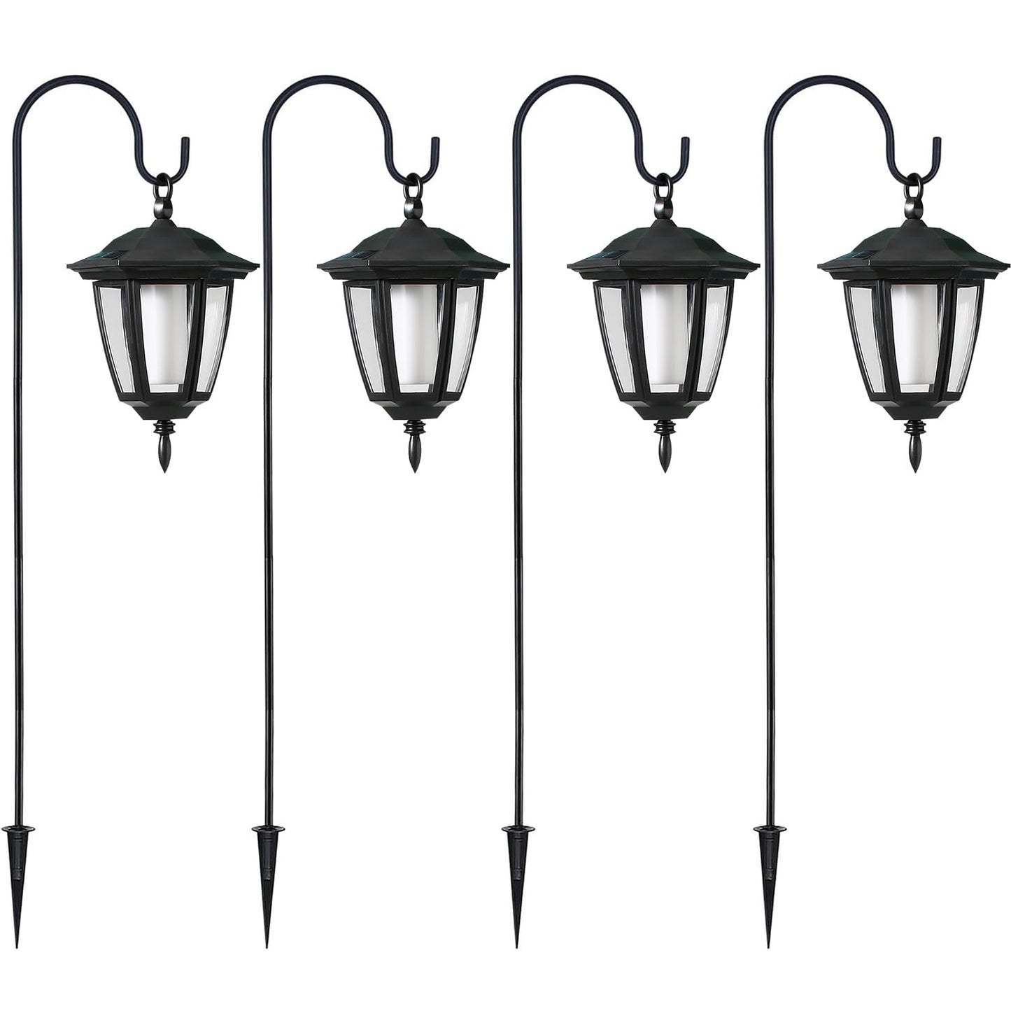 Dynaming 4 Pack Solar Halloween Flame Hanging Lights Outdoor, Flickering Flame LED Garden Lanterns with 4x38 Inch Shepherd Hooks, Landscape Lighting Waterproof for Lawn Yard Pathway Driveway, Purple