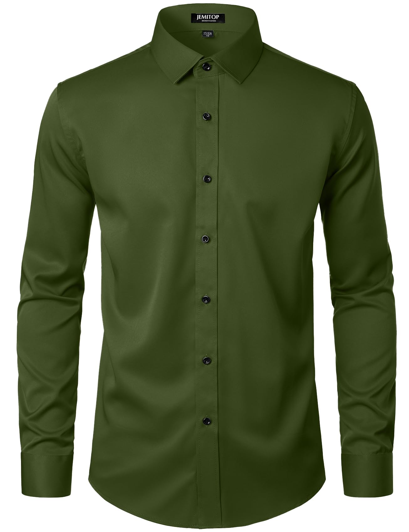 JEMITOP Men's Stretch Wrinkle Free Dress Shirts Formal Wedding Prom Long Sleeve Button Down Shirt Army Green S