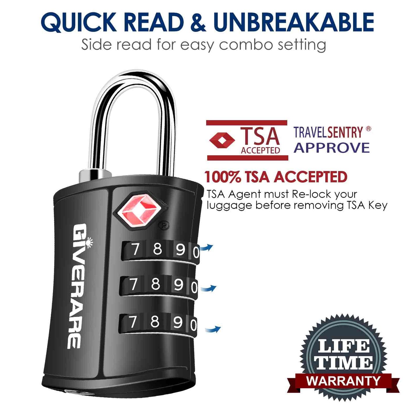 4 Pack TSA Approved Travel Luggage Locks, Combination Lock Keyless, 3-Digit Padlocks, Travel Sentry Accepted Compatible Padlock for Gym Locker, Golf Bag Case, Backpack, Black-by GIVERARE