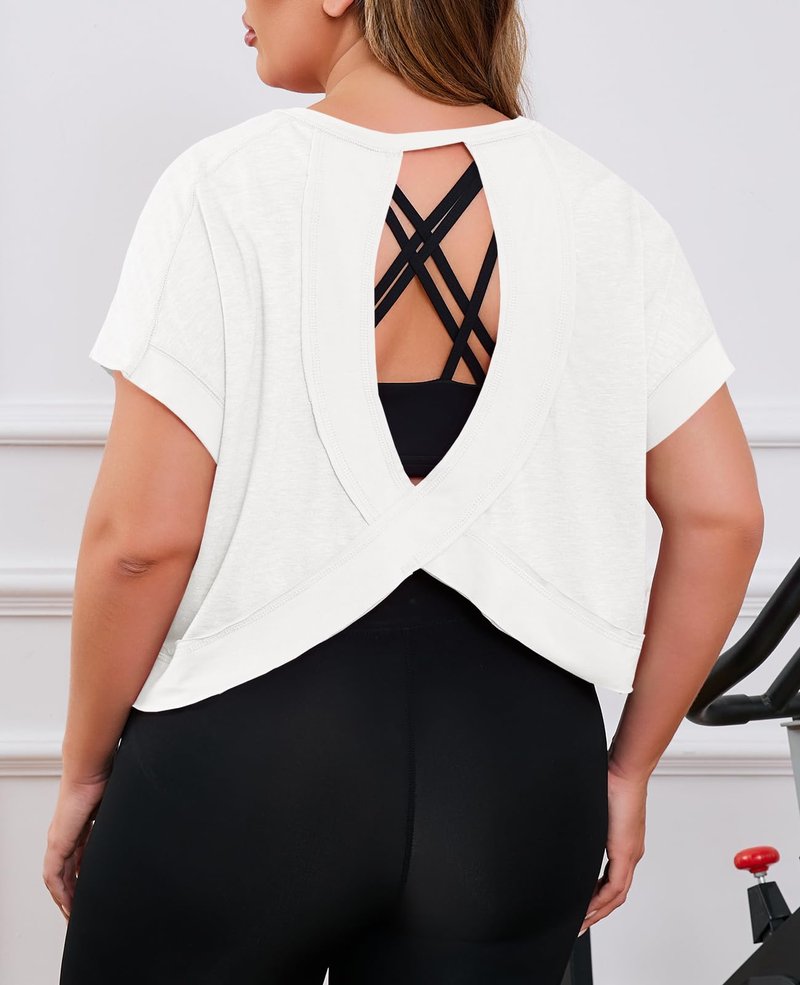 Fisoew Womens Plus Size Open Back Workout Tops Backless Short Sleeve Athletic Shirt Running Crop Top Gym Yoga T-Shirt White
