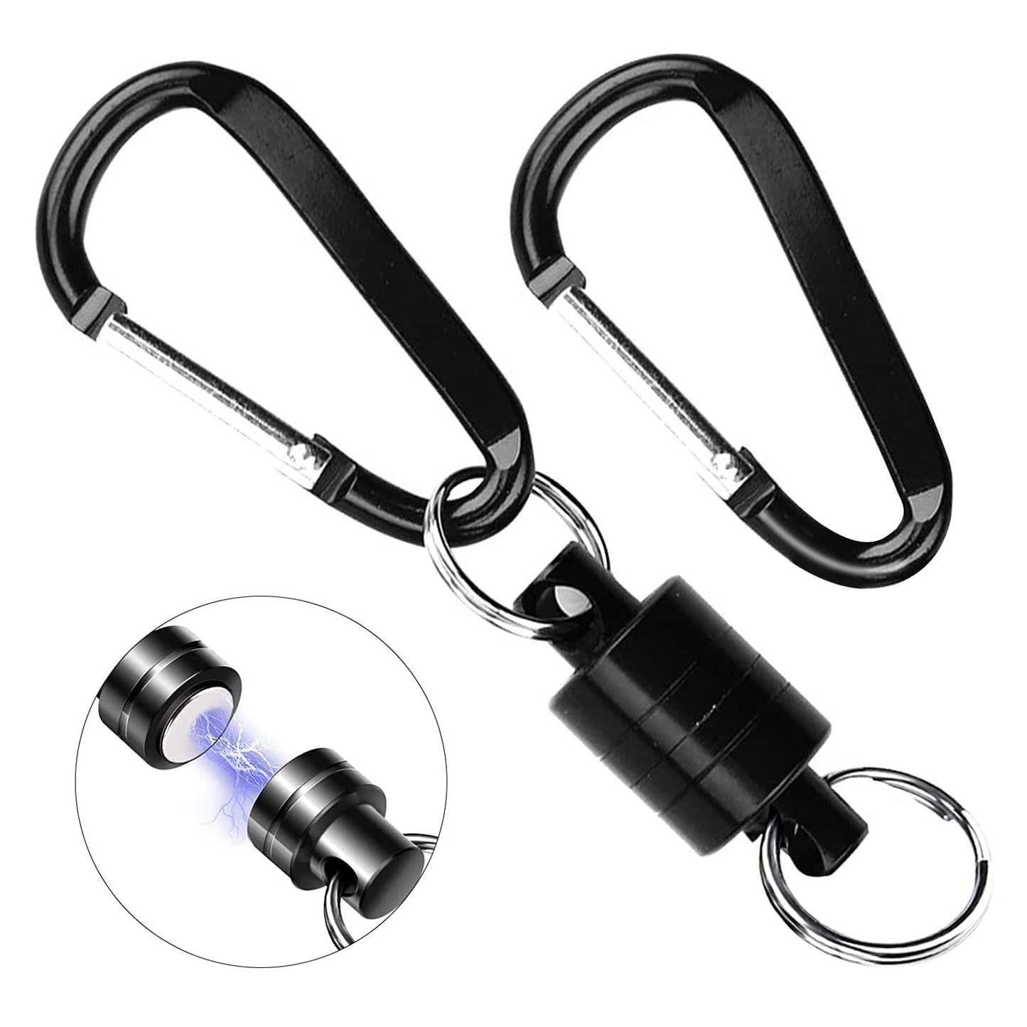 Magnetic Quick Release Keychain with 2 Pcs Aluminum D Ring Carabiners Landing Holder Screw Locking Buckle Hook D Shape Spring Snap Keychain Clips for Fly Fishing Magnet Metal Hooks