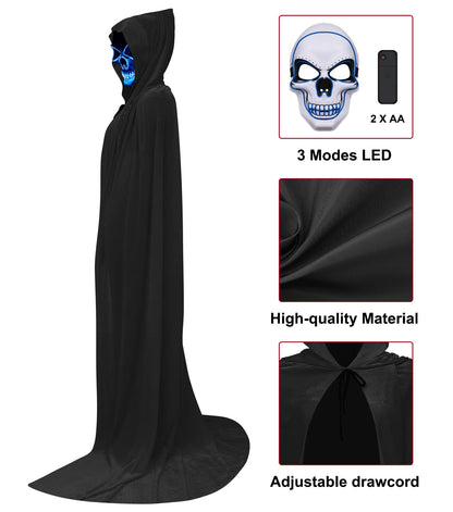 Double Couple Halloween Costumes for Adults with Scary Light up Mask Cosplay Cape Costumes Cloak with Hood for Women Men