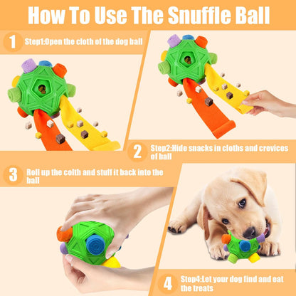 Dog Snuffle Ball-Interactive Puzzle Dog Toys Encourage Natural Foraging Skills Slow Feeder for Training and Stress Relief, Cloth Strip Hiding Food Chew Toys with Squeaky Carrot Toy for Any Size