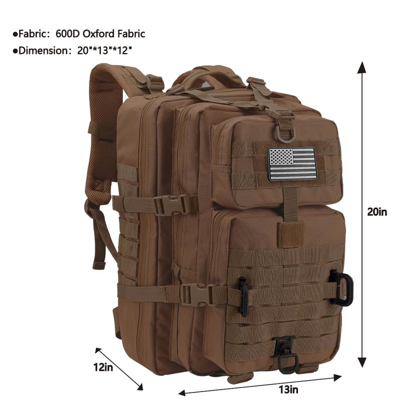 Hannibal Tactical MOLLE Assault Backpack, Tactical Backpack Military Army Camping Rucksack, 3-Day Pack Trip w/USA Flag Patch, D-Rings, Dark Brown