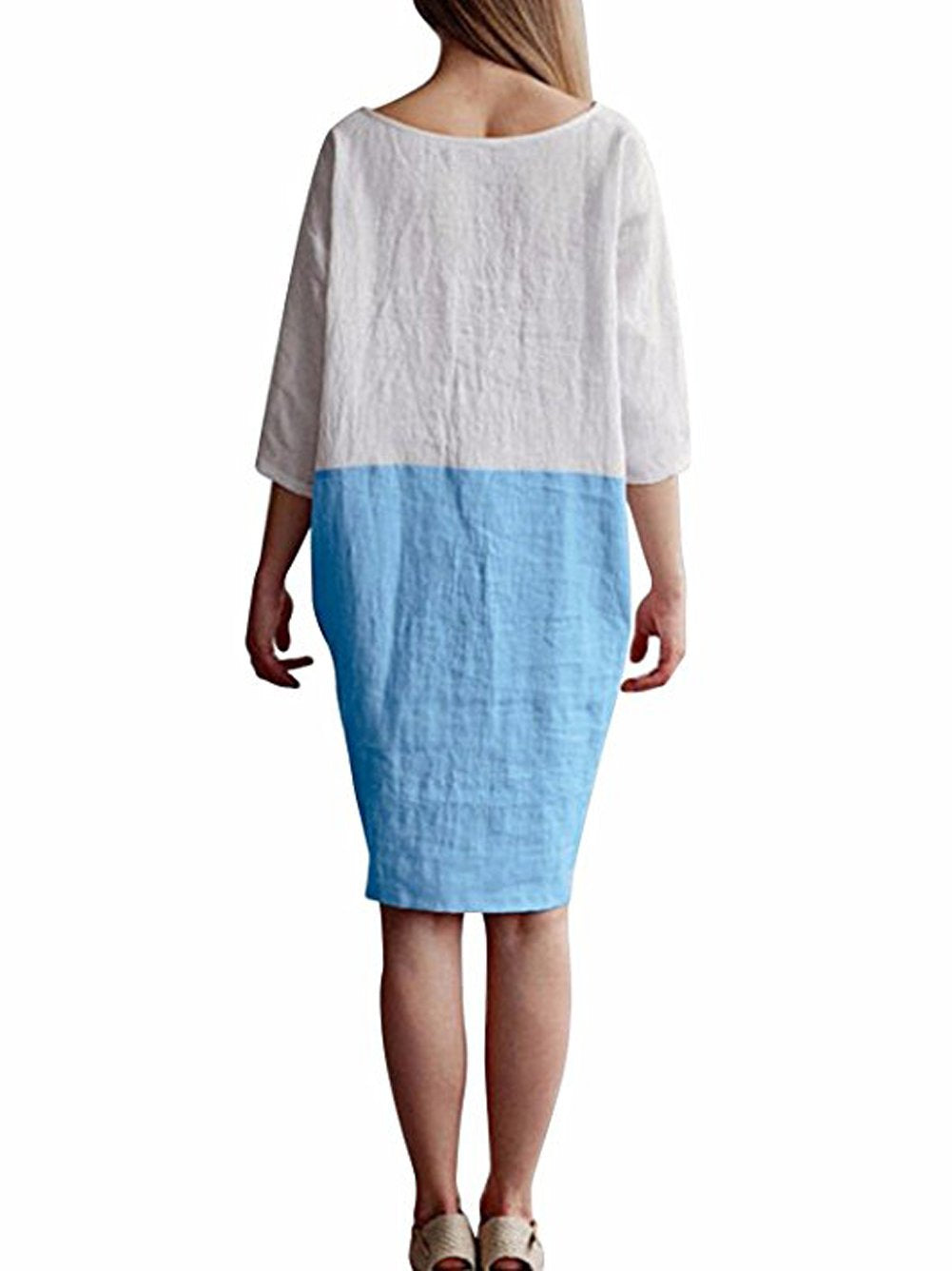 Famulily Women's Oversized 3/4 Sleeve Two Tone Colors Loose Fit T Shirt Dress Sky Blue M