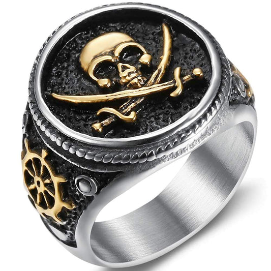 Jude Jewelers Stainless Steel Antique Vintage Skull Pirate Knife Death Halloween Cocktail Party Biker Ring (Silver Gold, 5.5)