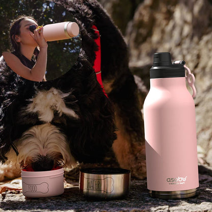 Asobu Dog Barky Bottle – Insulated Stainless Steel Water Bottle with 2 Removable Dog Bowls for Food, Treats & Water – Pet-Friendly Travel Bottle for Hiking, Road Trips & Outdoor Adventures