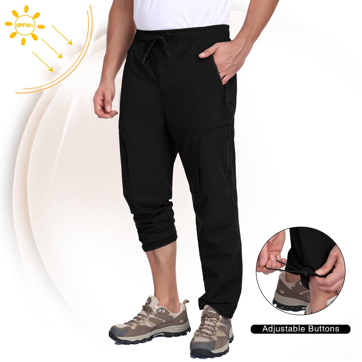Qngwrtk Men's Lightweight Hiking Pants 5-Pocket Elastic Waist Breathable Water-Resistant Quick Dry Outdoor Pants for Running Travel Camping Black