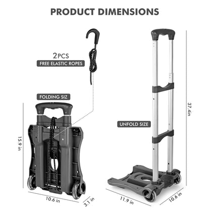 Home-Man Folding Hand Truck, Heavy Duty Luggage Cart, Utility Dolly Platform Cart with 4 Wheels and 2 Elastic Ropes for Luggage, Travel, Moving, Shopping, Office Use (110LB, Black)