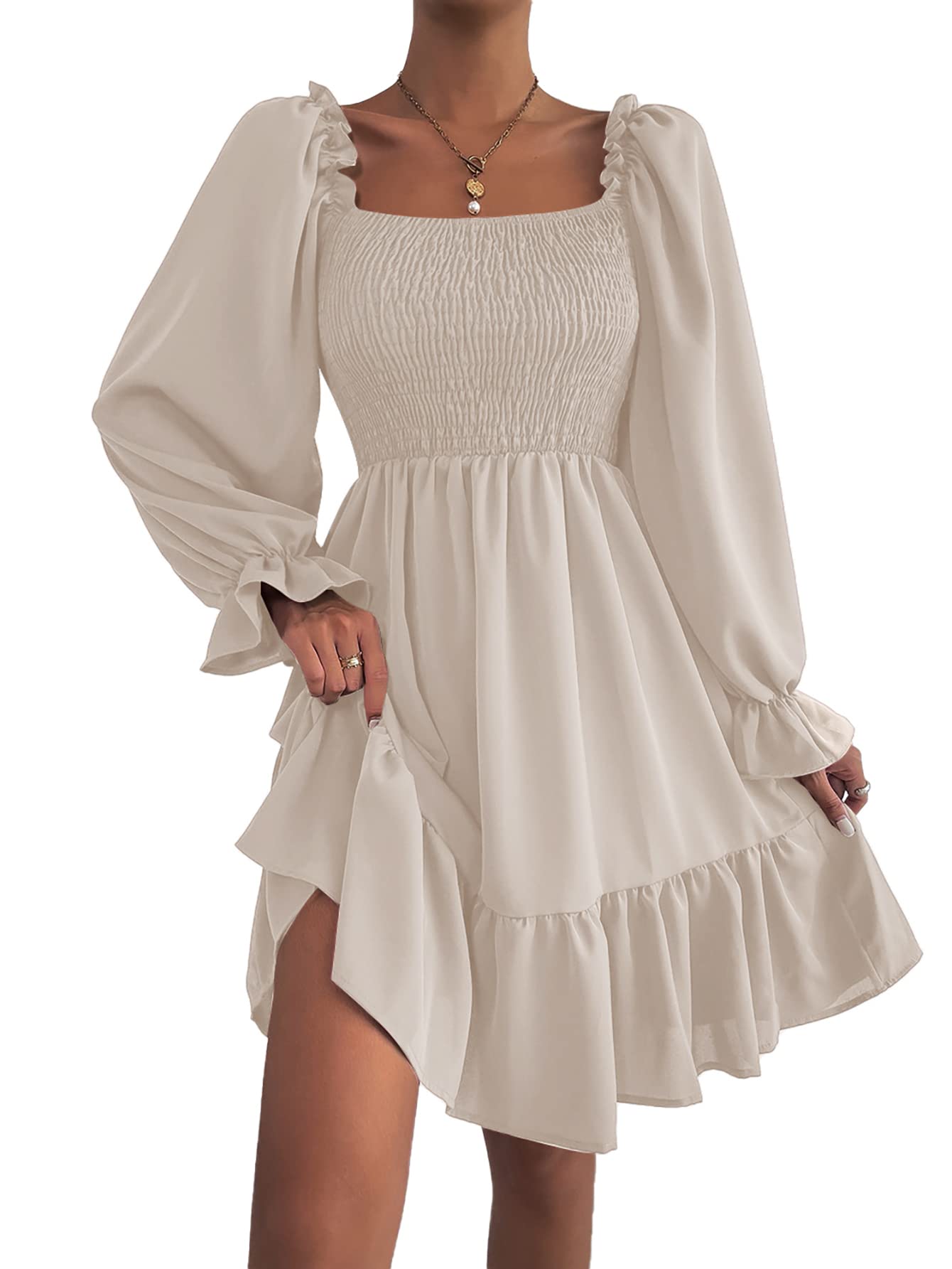 LYANER Women's Square Neck Lantern Long Sleeve Ruffle Shirred Flowy Party Mini Dress Solid Beige Small