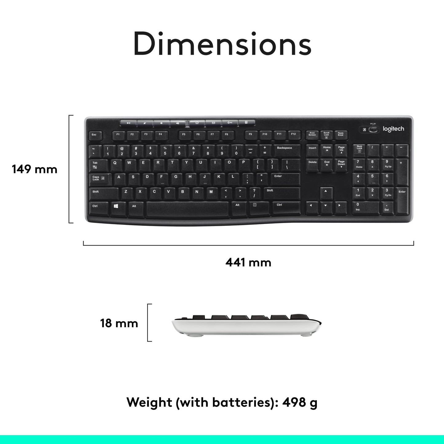 Logitech K270 Wireless Keyboard for Windows, 2.4 GHz Wireless, Full-Size, Number Pad, 8 Multimedia Keys, 2-Year Battery Life, Compatible with PC, Laptop, QWERTY UK English Layout - Black