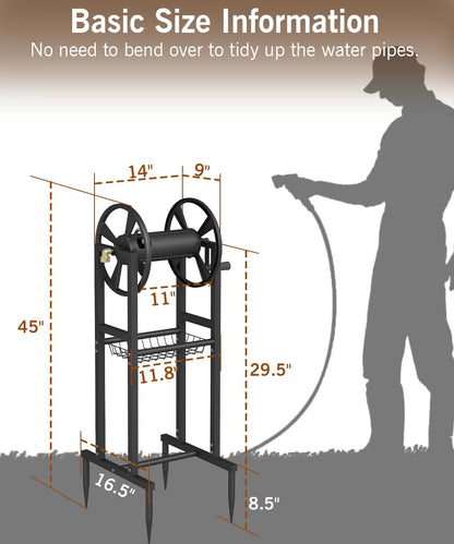 Garbuildman Ground Mount Garden Hose Reel Holds 125 Feet of 5/8-Inch with 3.9 ft Leader Hose, Brass Fitting, Water Hose Holder Stand with Storage Rack & 4 Spikes Base for Outdoor Lawn, Black