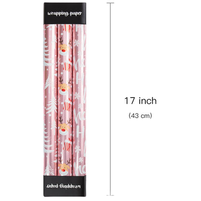 Burymento Christmas Wrapping Paper, Reversible Pink Christmas Tree, HO Santa Laughter, Snowflake, Reindeer, Design Gift Wrapping Paper Suitable for Holiday, Mini Roll (17 Inch X 120 Inch)