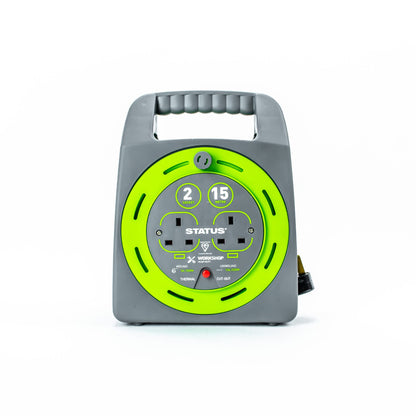 STATUS 2 Socket Cable Reel | 15m Green Extension Lead | 13A with Thermal Cut Out | Heavy Duty Outdoor Extension Lead | S15M2SHBCR1PK2
