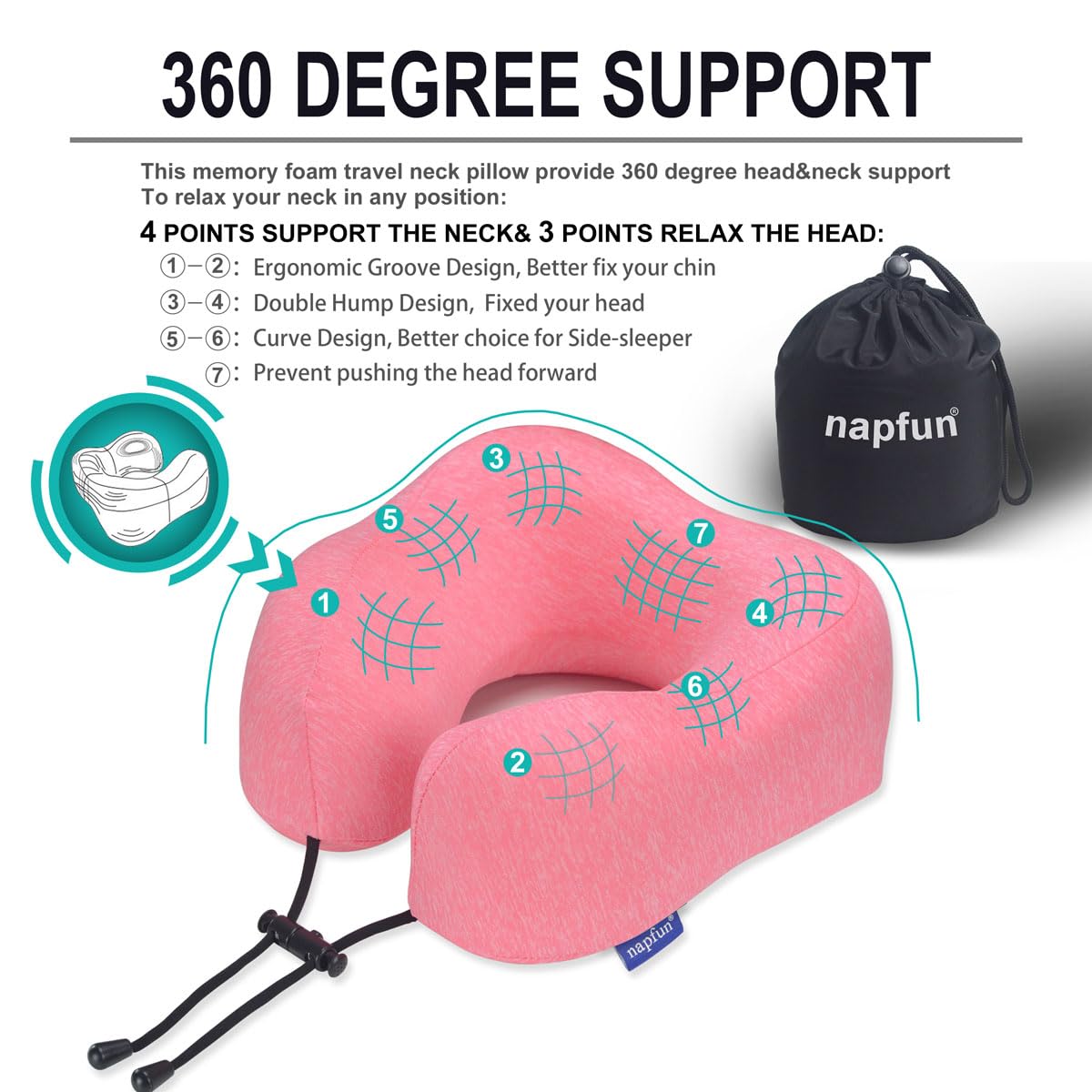 napfun Neck Pillow for Traveling, Upgraded Travel Neck Pillow for Airplane 100% Pure Memory Foam Travel Pillow for Flight Headrest Sleep, Portable Plane Accessories, Light Grey